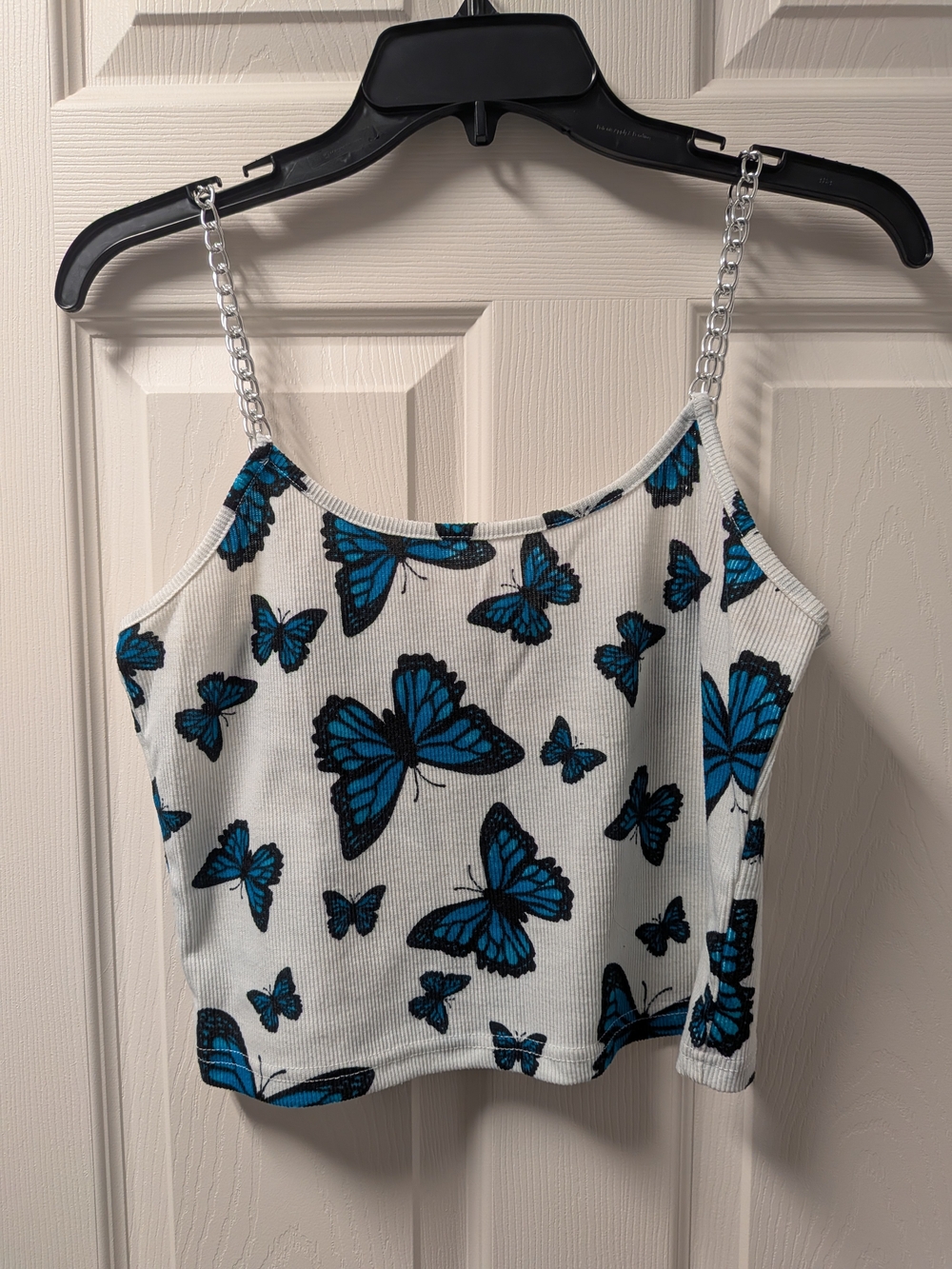 Rue21 White Crop Cami with Blue Butterfly Print and Silver Chain Straps